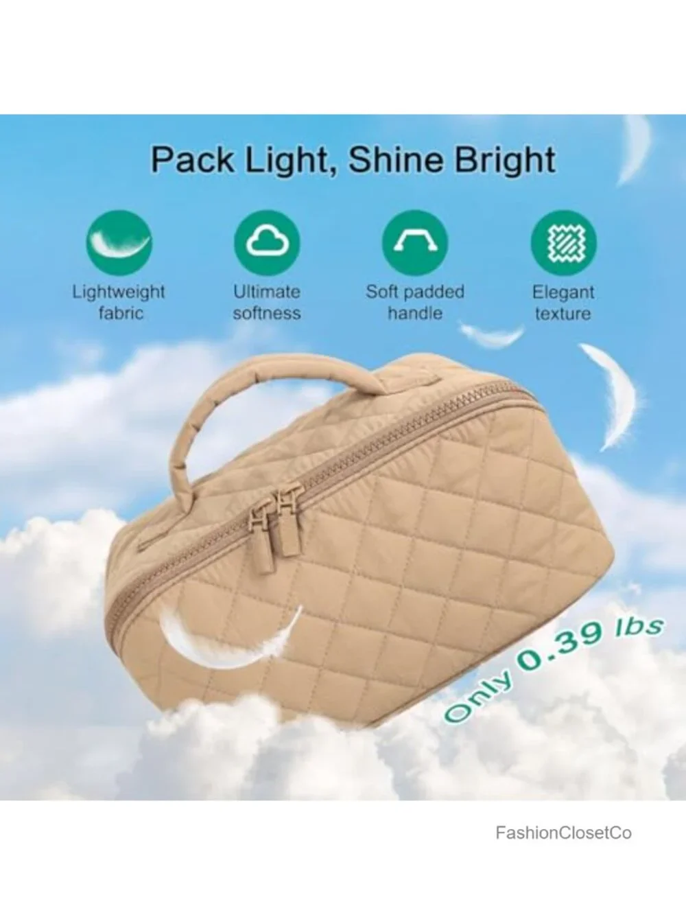 Puffer Quilted Makeup Bag 180 Lay Flat Cosmetic Organizer Water Resistant